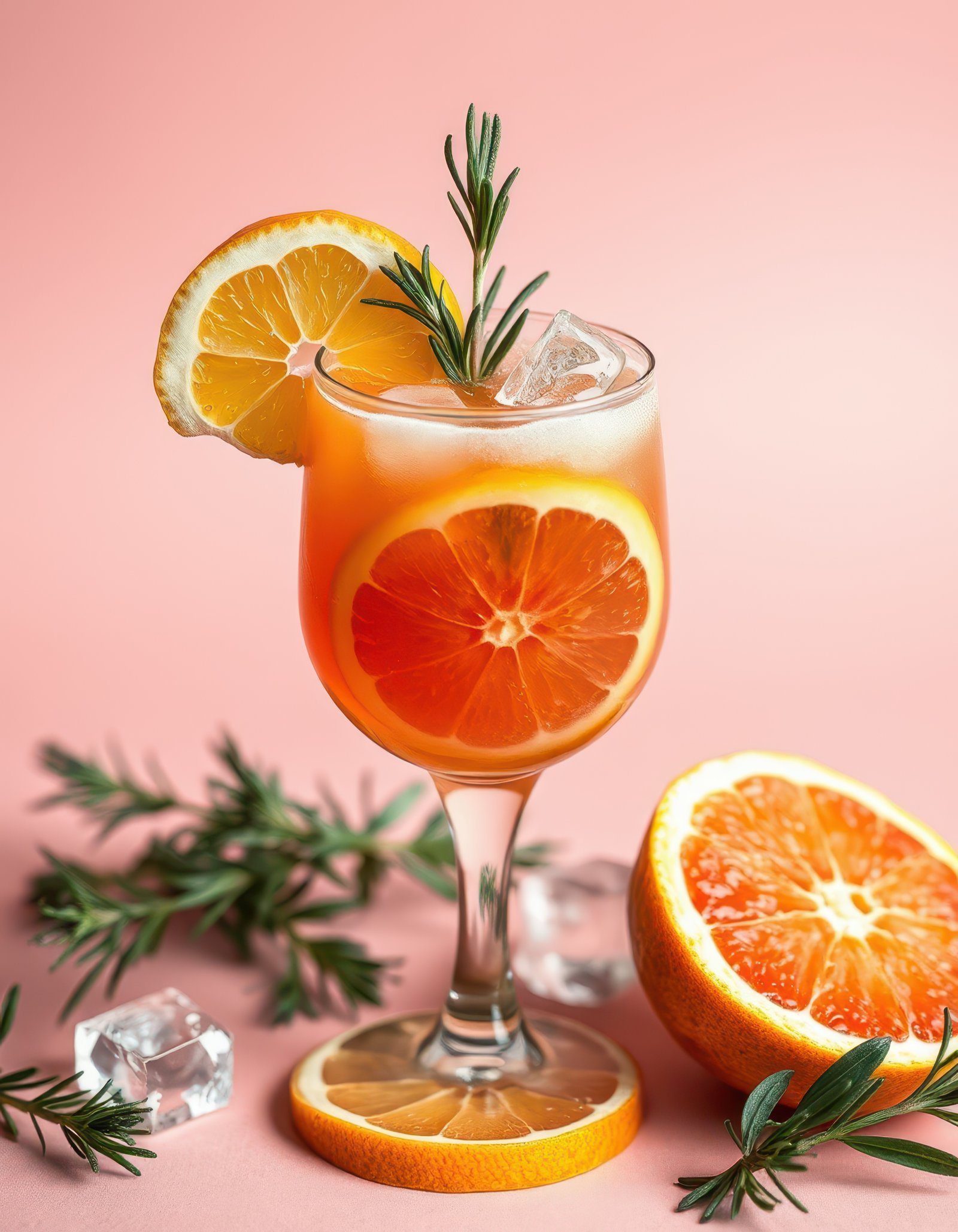 Refreshing citrus cocktail garnished with rosemary and served in a stylish glass on a pastel background
